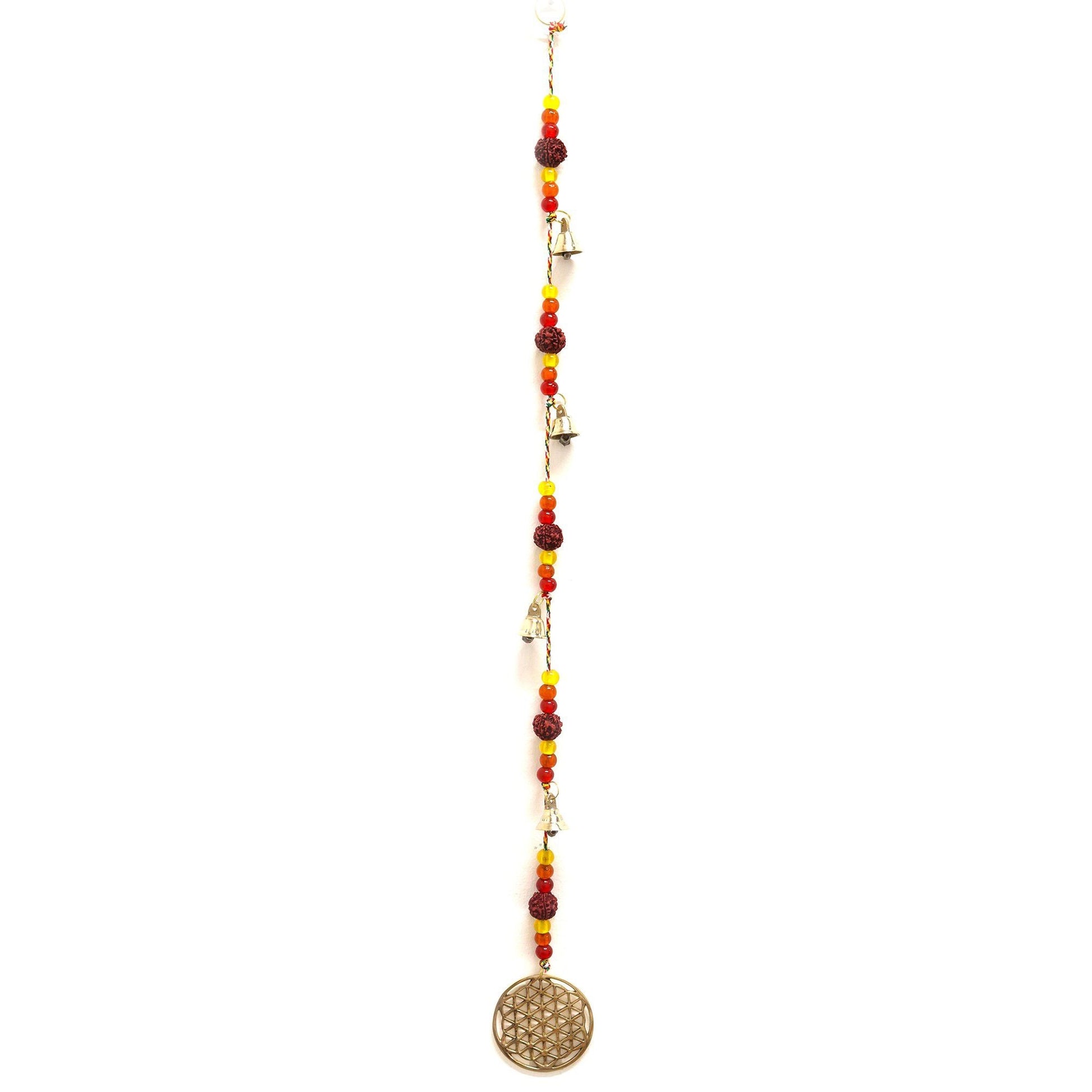 Polished Indian Chimes - Brass Flower of Life with Rudraksha Beads String Bells featuring natural patterning and unique variations - Luna Panther
