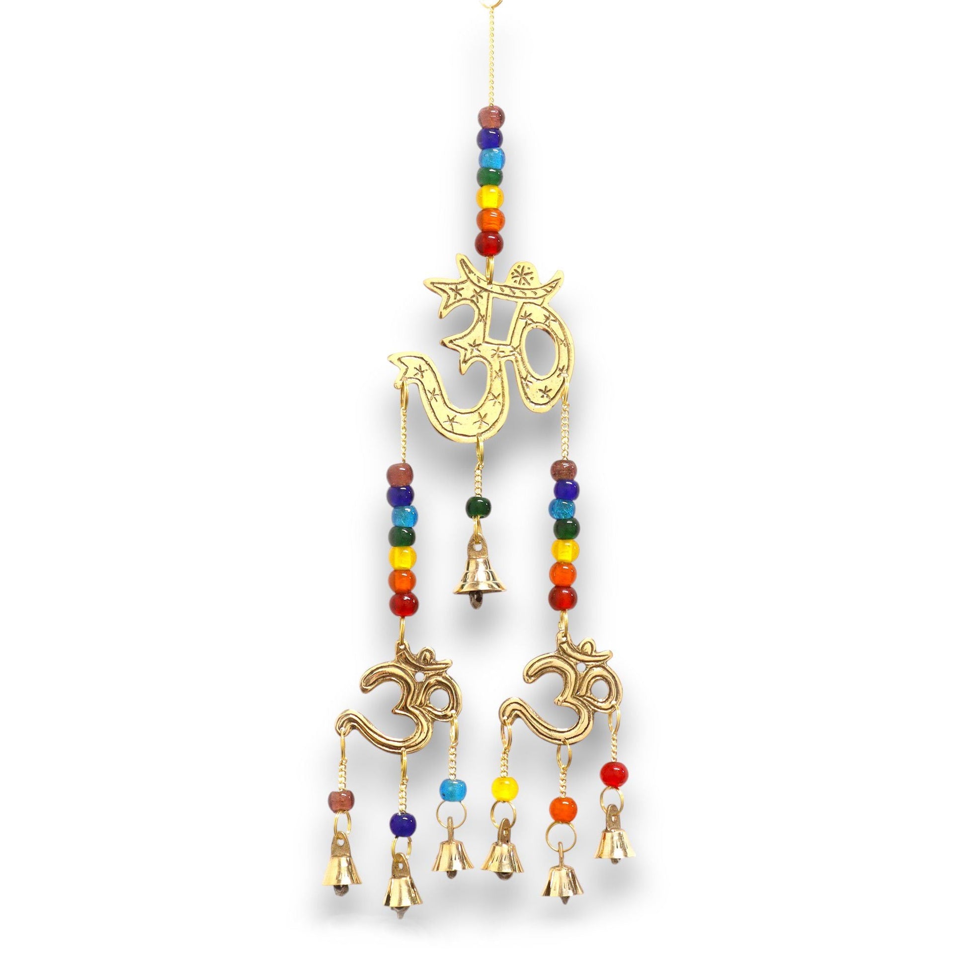 Polished Indian Chimes - Brass Om with Chakra Beads - 7 Bells featuring natural patterning and unique variations - Luna Panther
