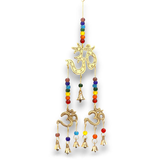 Polished Indian Chimes - Brass Om with Chakra Beads - 7 Bells featuring natural patterning and unique variations - Luna Panther
