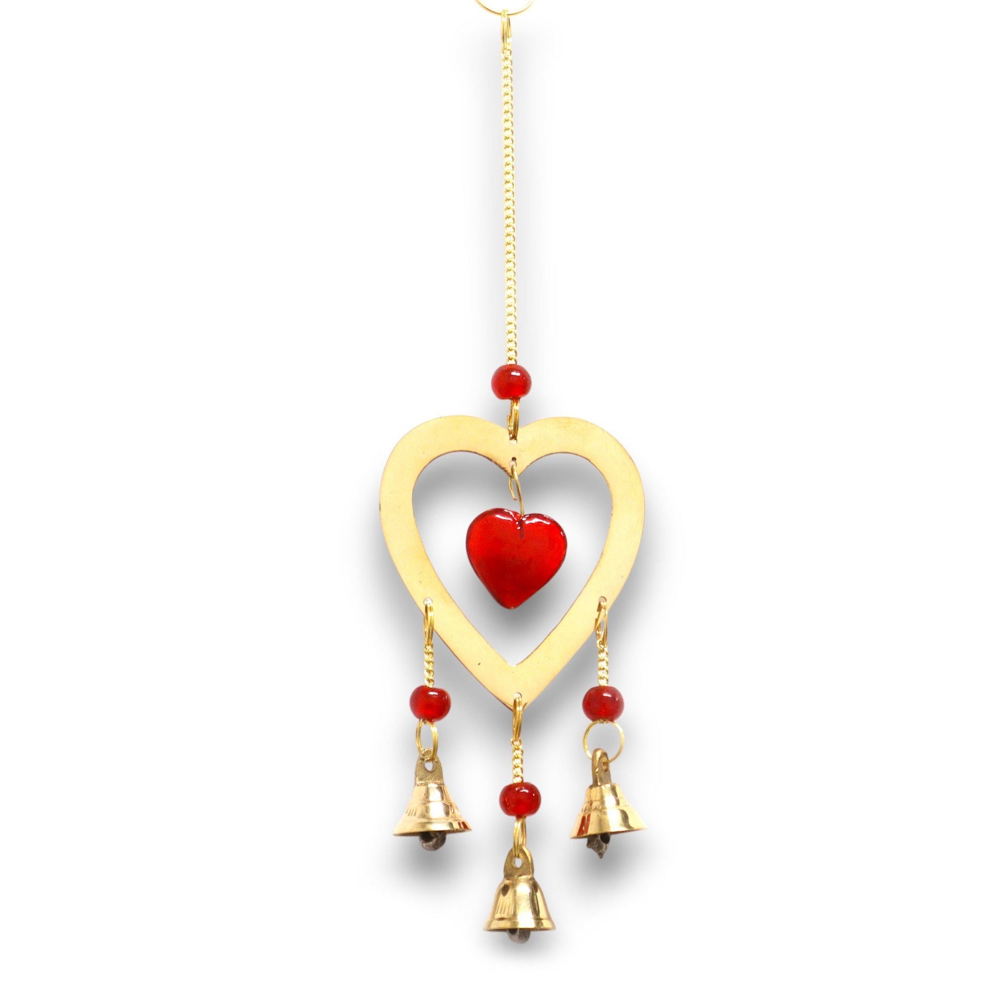 Polished Indian Chimes - Brass With Ruby Glass Heart Beads - 3 Bells featuring natural patterning and unique variations - Luna Panther