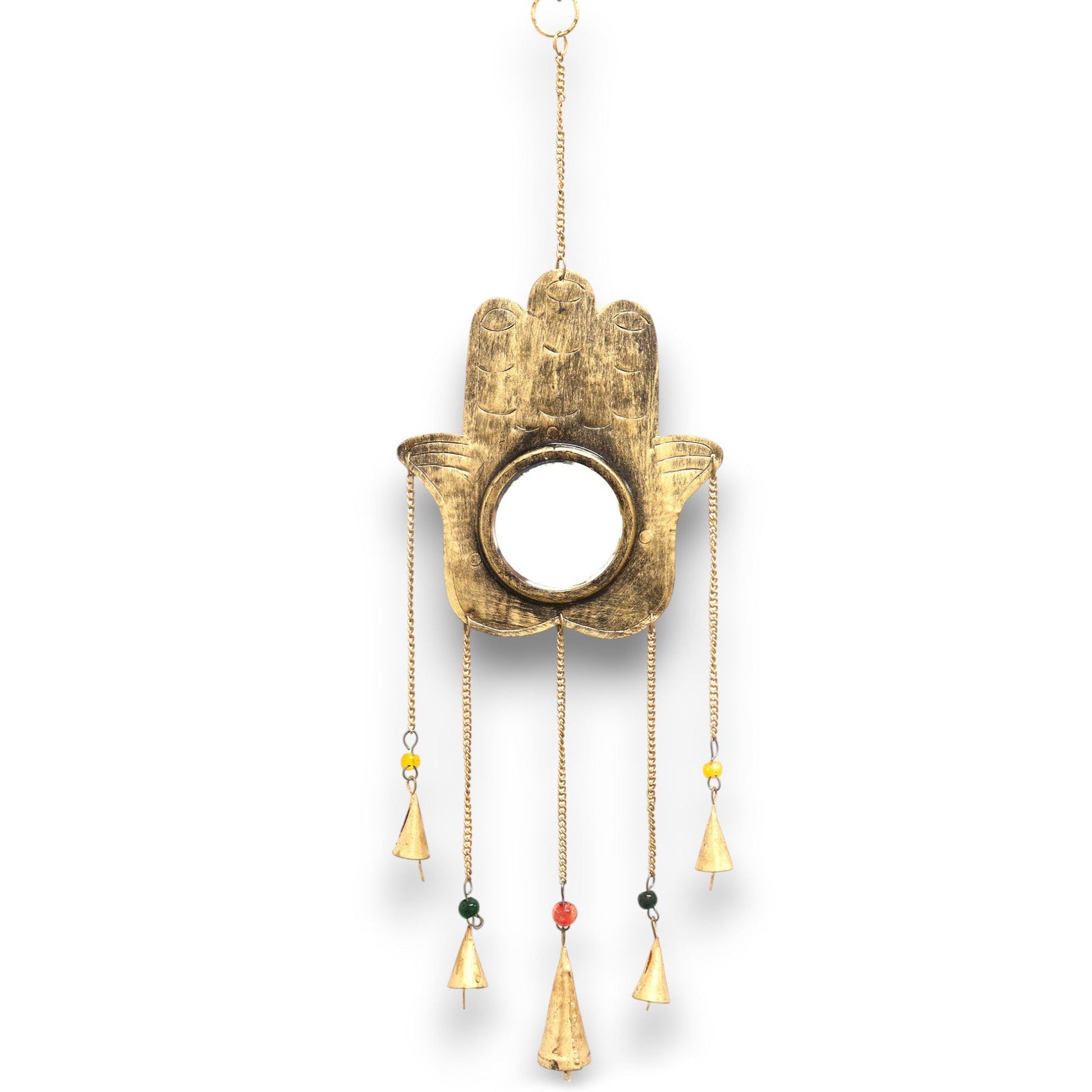 Polished Indian Chimes - Hamsa Lrg Mirror 5 Bells featuring natural patterning and unique variations - Luna Panther