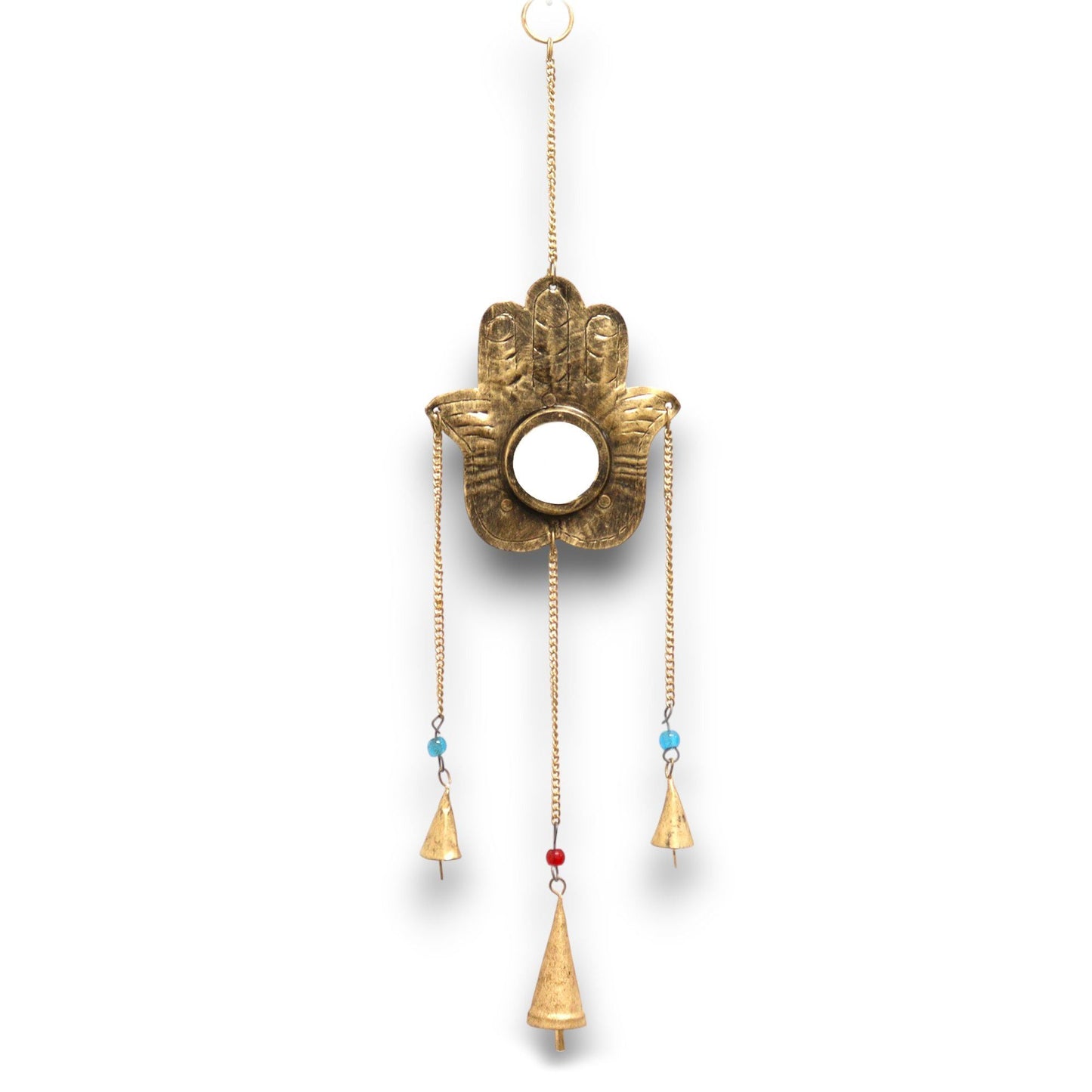 Polished Indian Chimes - Hamsa Sm Mirror 3 Bells featuring natural patterning and unique variations - Luna Panther