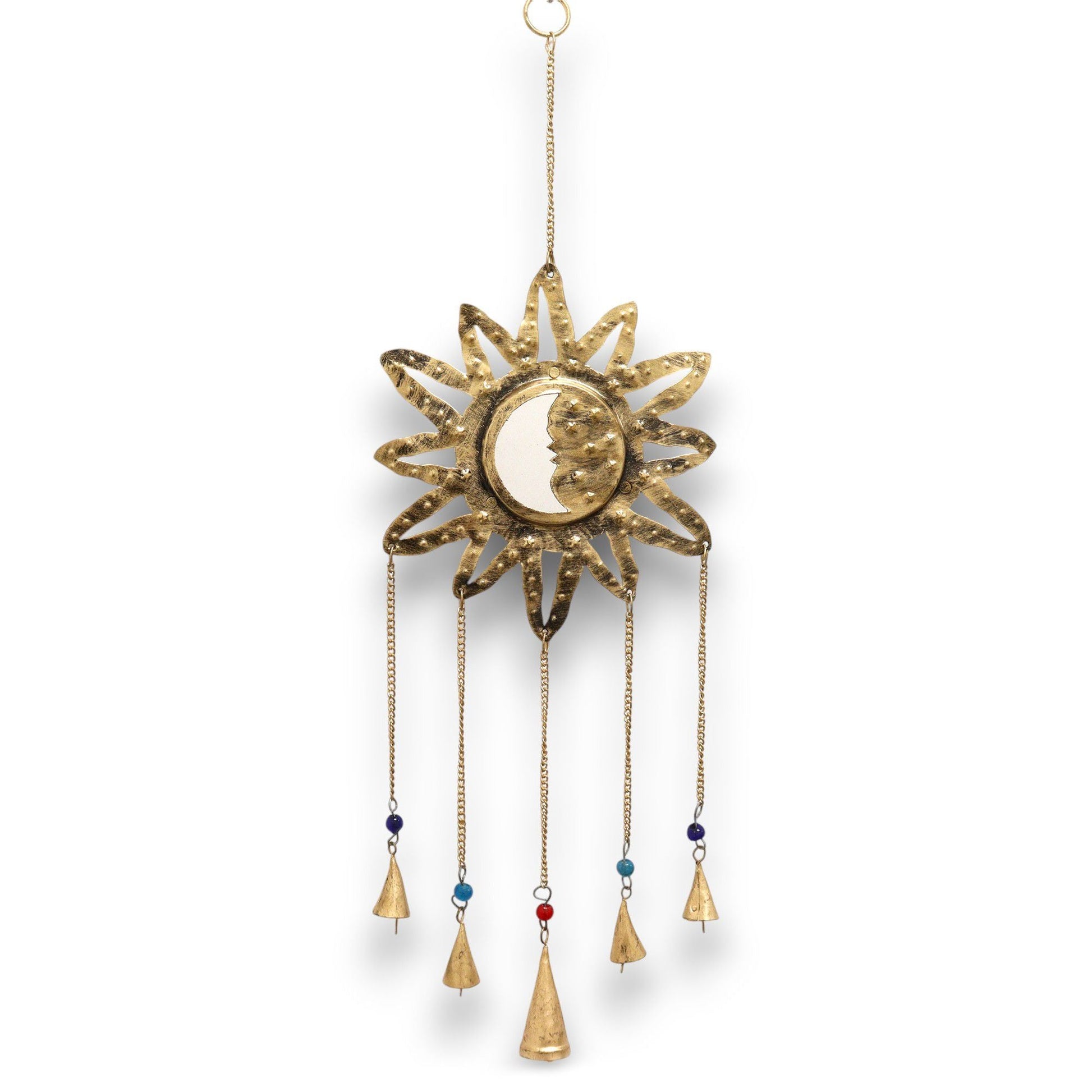Polished Indian Chimes - Sun Moon Sm Mirror 5 Bells featuring natural patterning and unique variations - Luna Panther