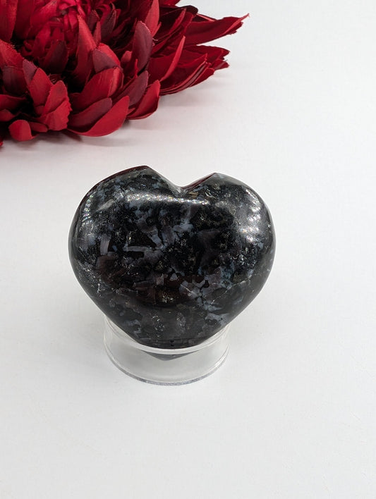 Polished Indigo Gabbro Merlinite Heart Palm Stone 45mm featuring natural patterning and unique variations - Luna Panther
