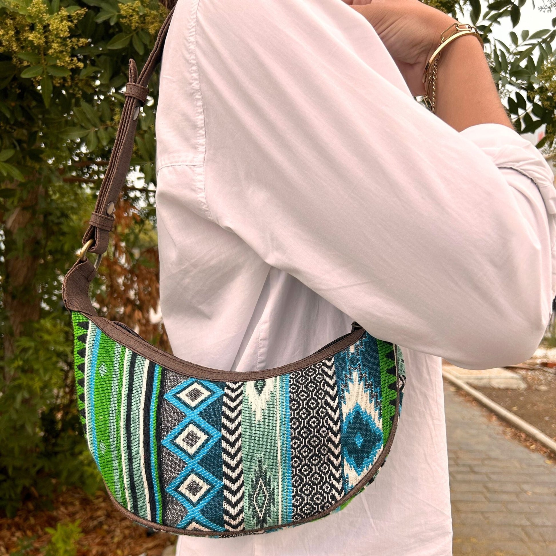 Polished Jacquard Hobo Bag - Bold Greens (brown strap) featuring natural patterning and unique variations - Luna Panther