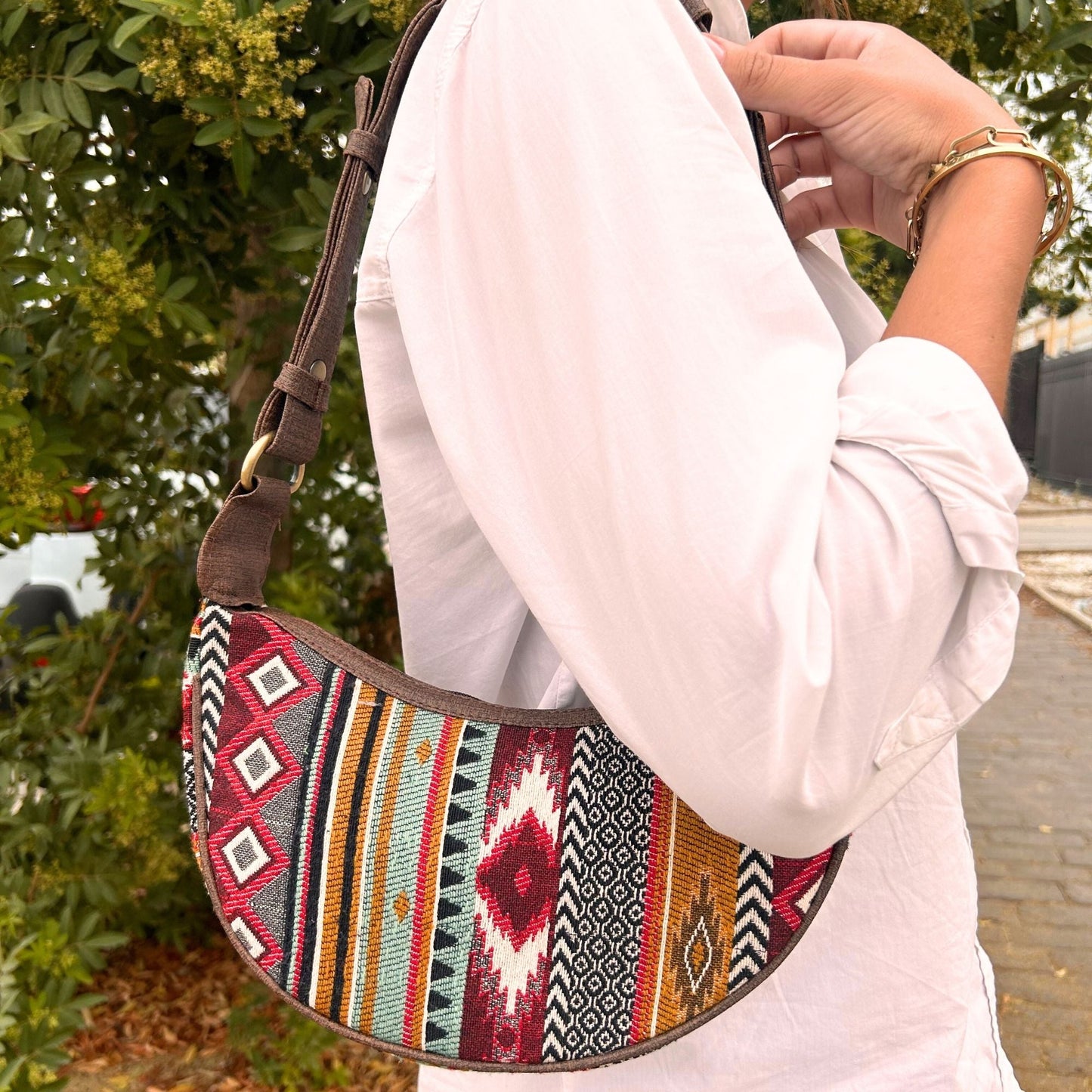 Polished Jacquard Hobo Bag - Rich Browns (brown strap) featuring natural patterning and unique variations - Luna Panther