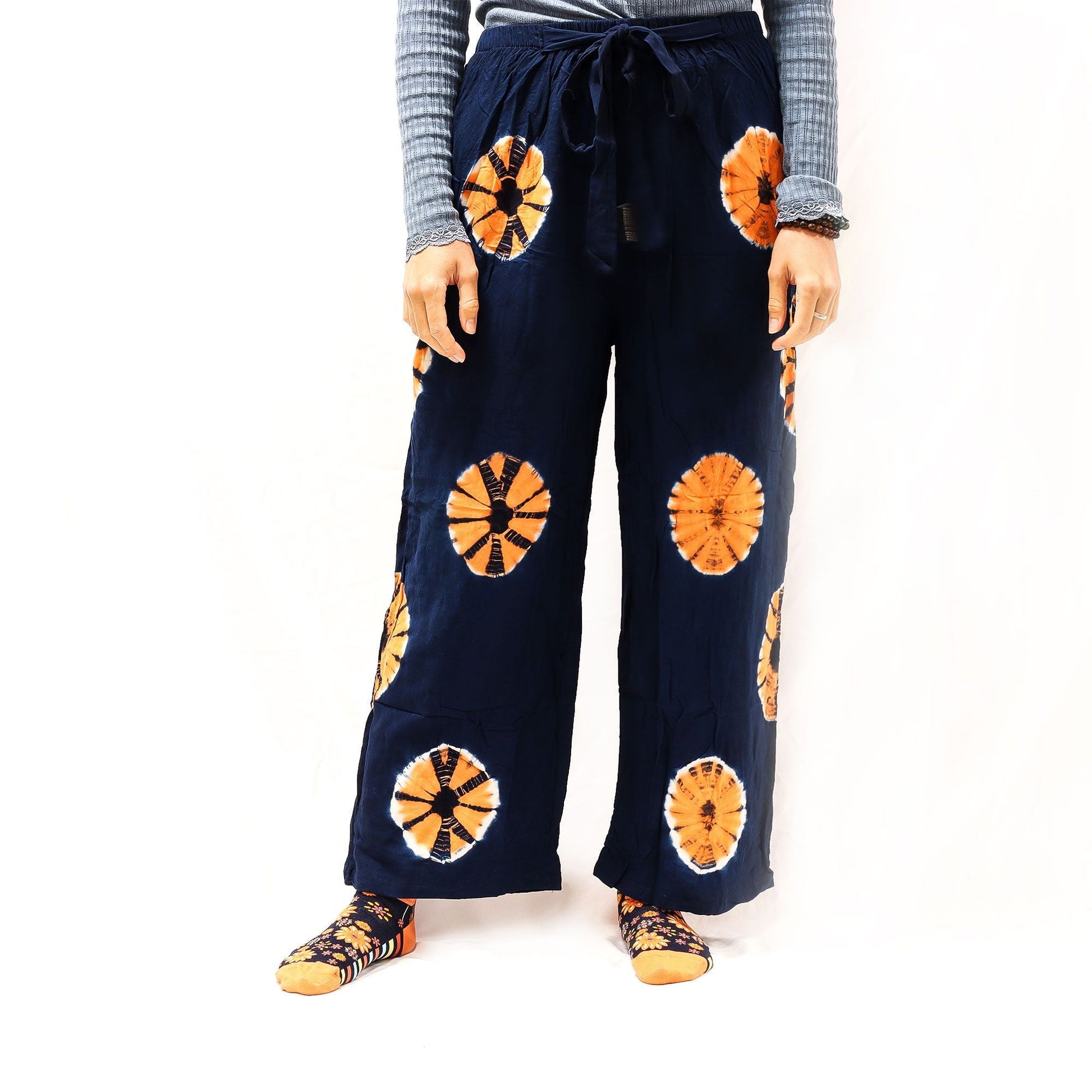 Japanese Style Lounge Pants - Blue & Orange - M - Luna Panther