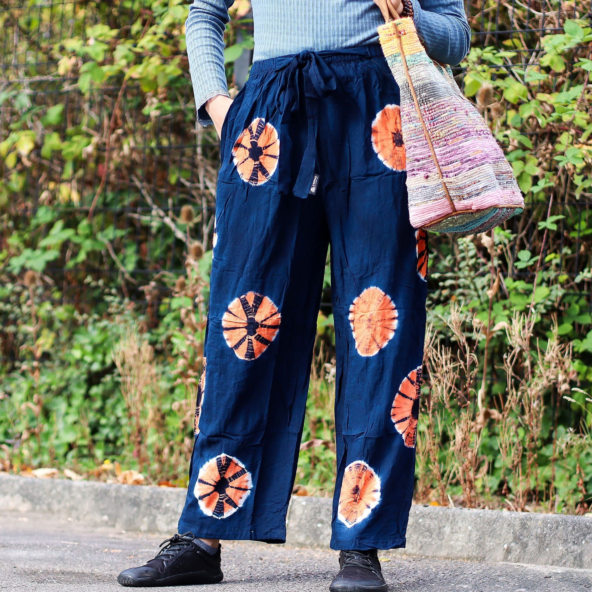 Japanese Style Lounge Pants - Blue & Orange - M - Luna Panther