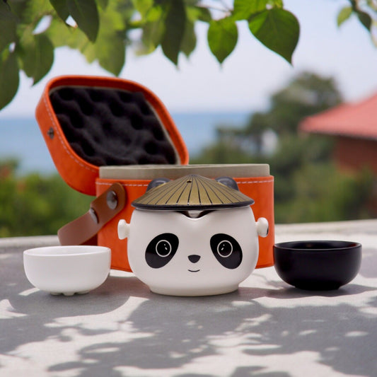 Polished Kung Fu Panda Teapot Set - Two Cups - Travel Pack featuring natural patterning and unique variations - Luna Panther