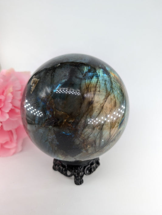 Polished Labradorite Flashy Sphere 2035g 112mm featuring blue flash and iridescent shimmer - Luna Panther