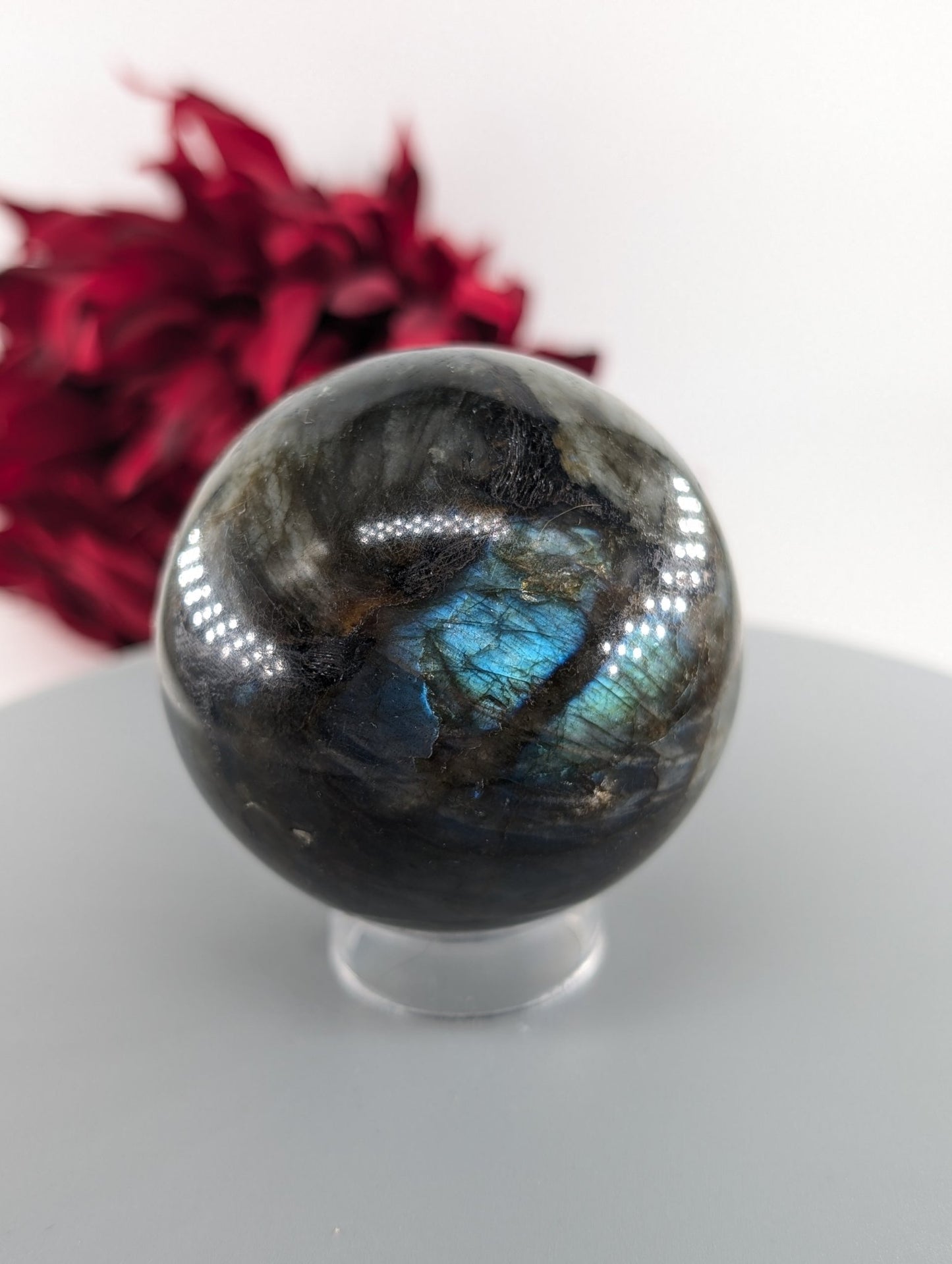 Polished Labradorite Flashy Sphere 350g 60mm featuring blue flash and iridescent shimmer - Luna Panther