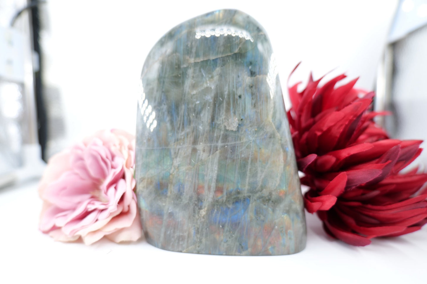 Polished Labradorite Freeform 1480G featuring blue flash and iridescent shimmer - Luna Panther