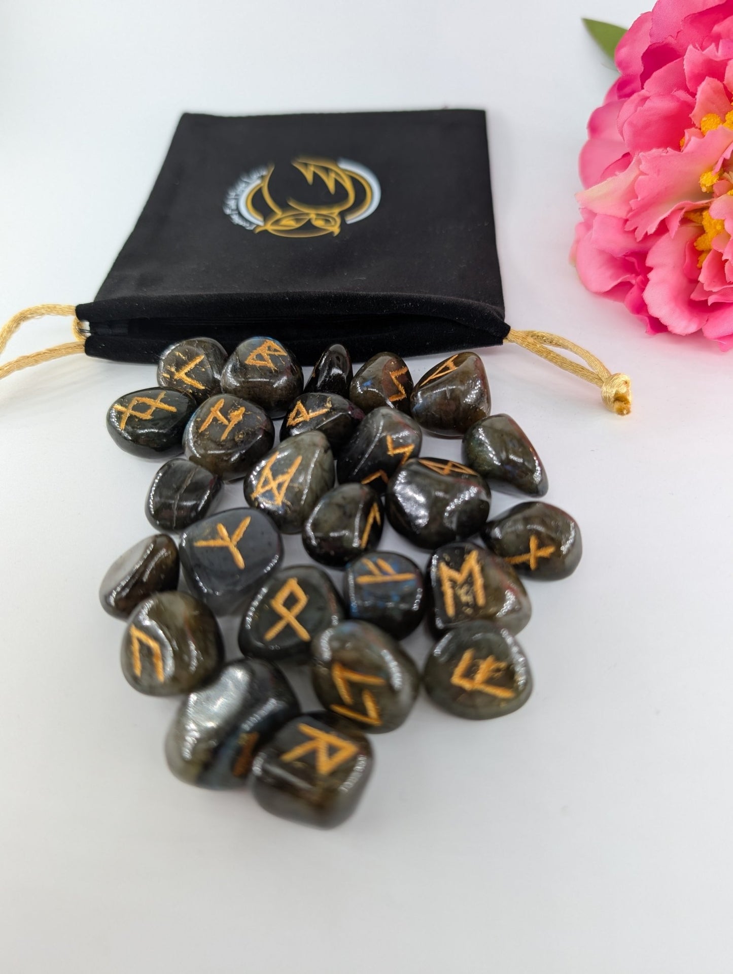 Polished Labradorite Rune Set and Bag - Polished Elder Futhark Runes featuring blue flash and iridescent shimmer - Luna Panther