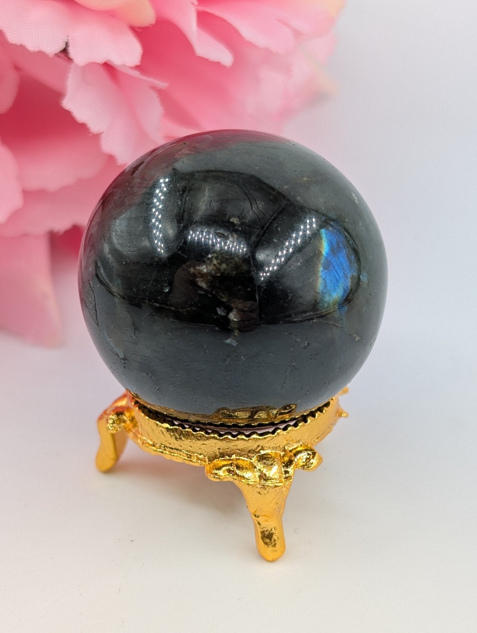 Polished Labradorite Sphere 116g 44mm featuring blue flash and iridescent shimmer - Luna Panther