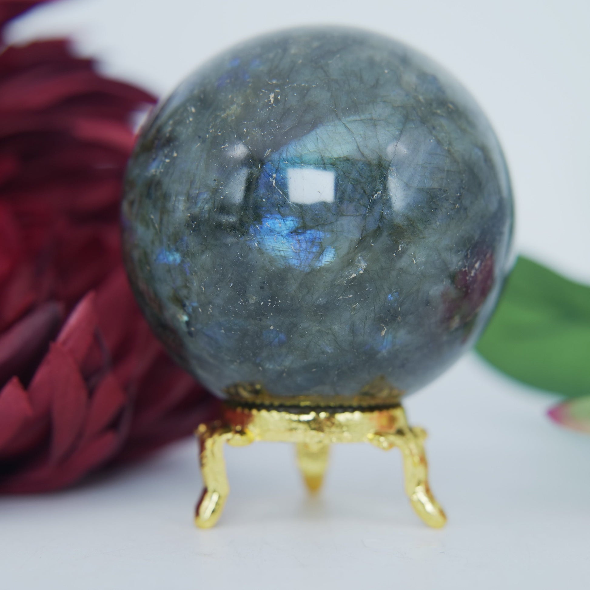 Polished Labradorite Sphere 407 grams featuring blue flash and iridescent shimmer - Luna Panther
