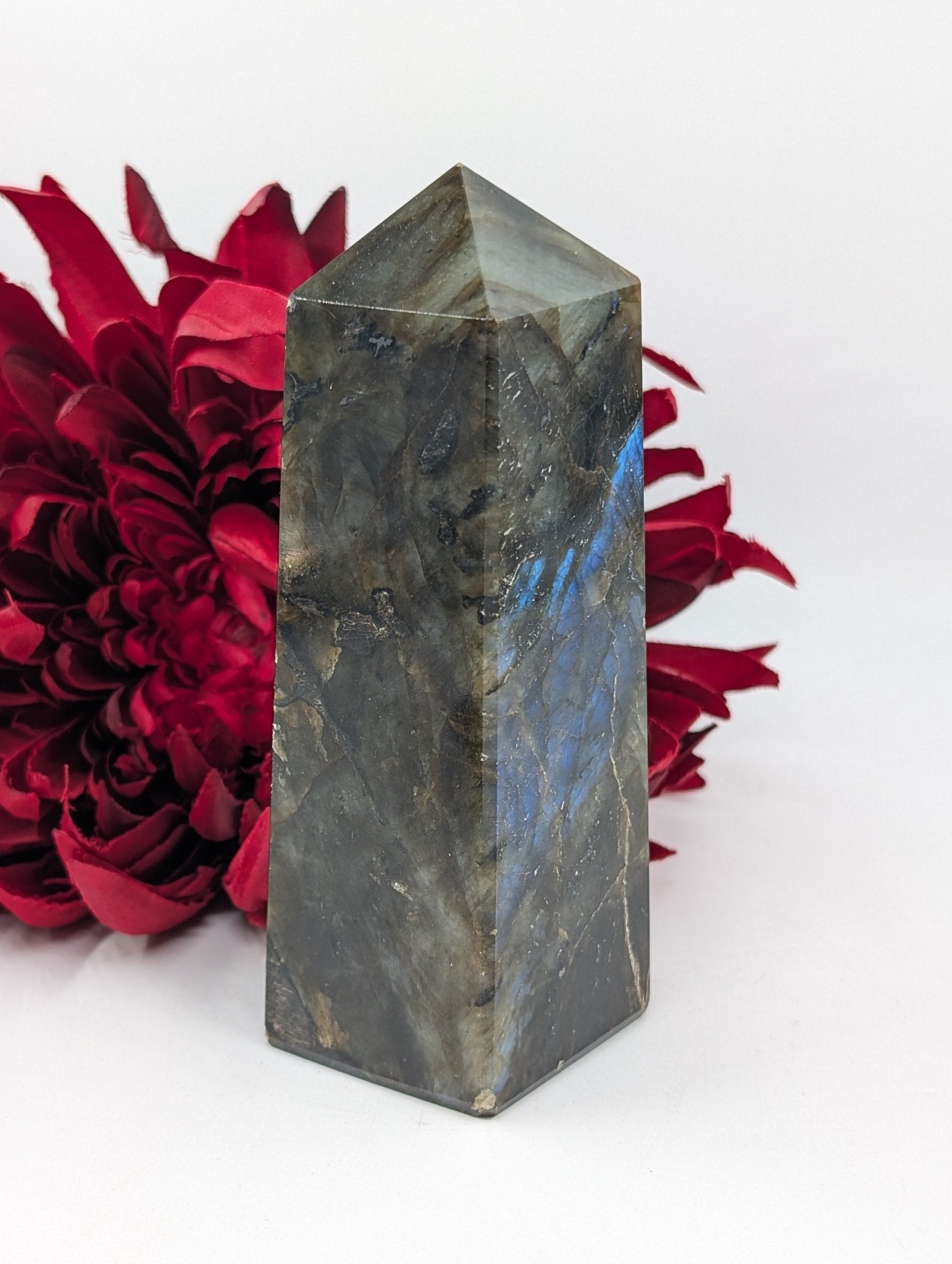 Polished Labradorite Tower 460g featuring blue flash and iridescent shimmer - Luna Panther