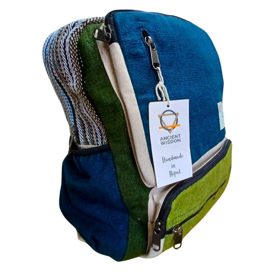 Large Boxy Hemp Backpack - Teal & Sage - Luna Panther