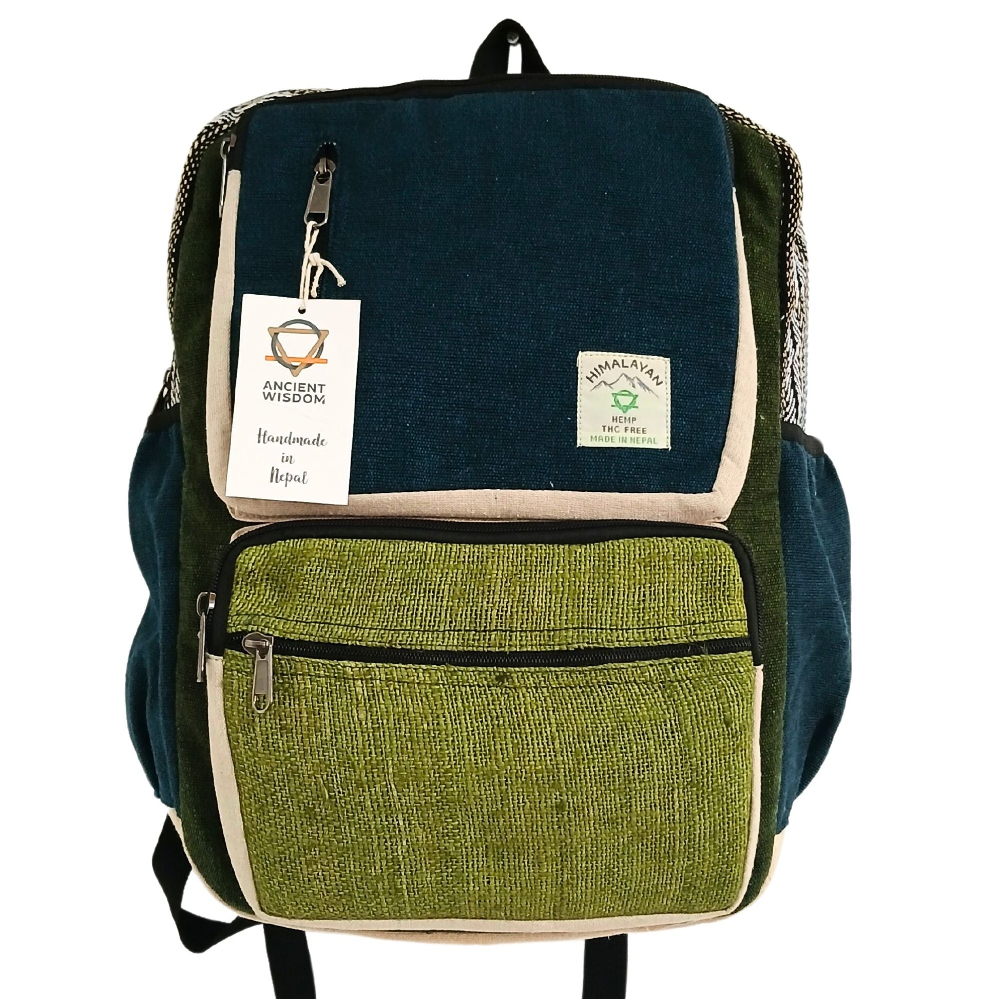 Large Boxy Hemp Backpack - Teal & Sage - Luna Panther