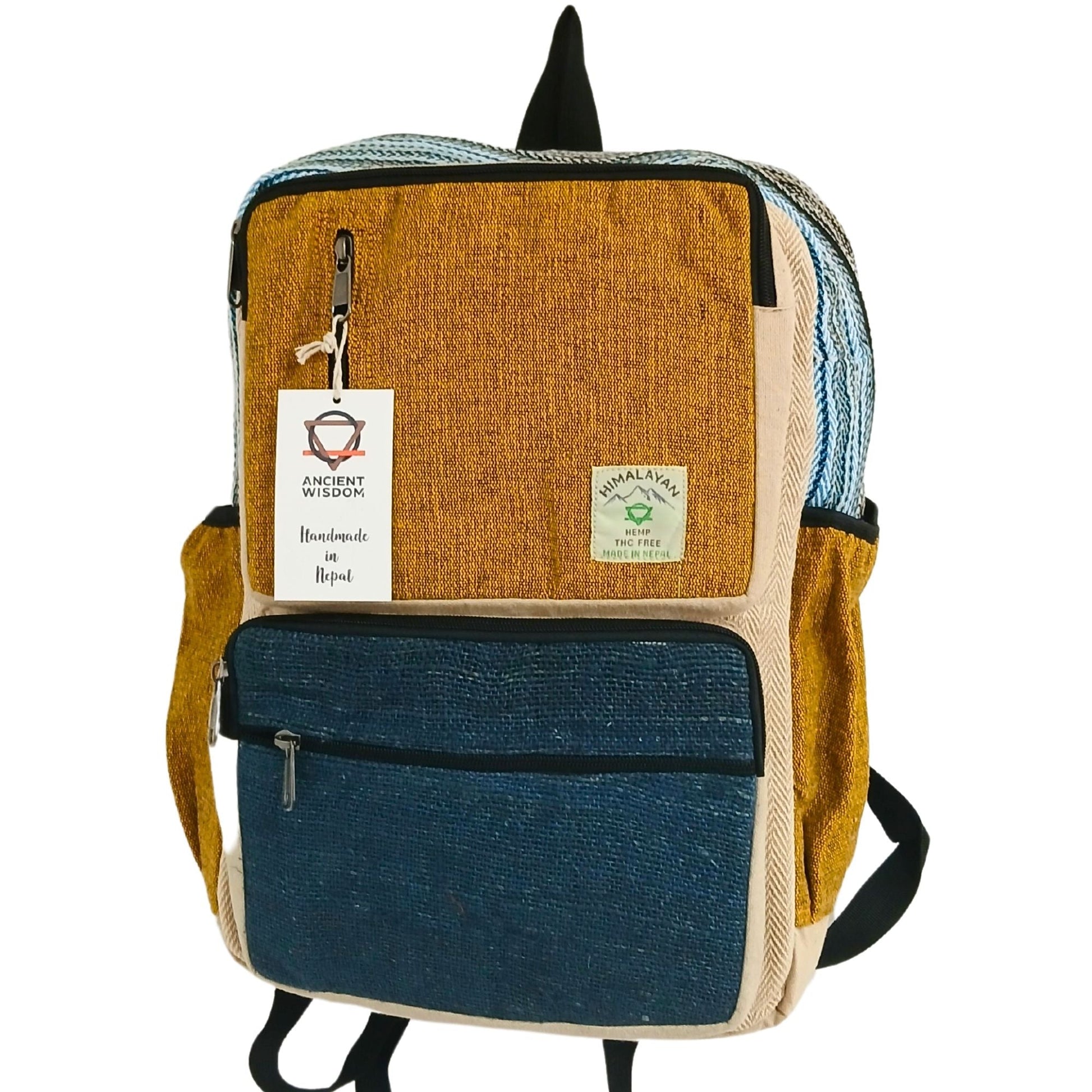 Large Boxy Hemp Backpack - Teal & Tumeric - Luna Panther