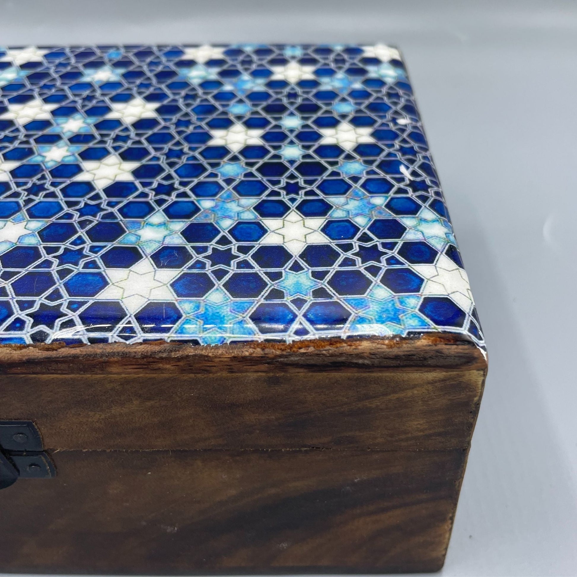 Large Ceramic Glazed Wood Box - 20x15x7.5cm - Blue Stars - Luna Panther