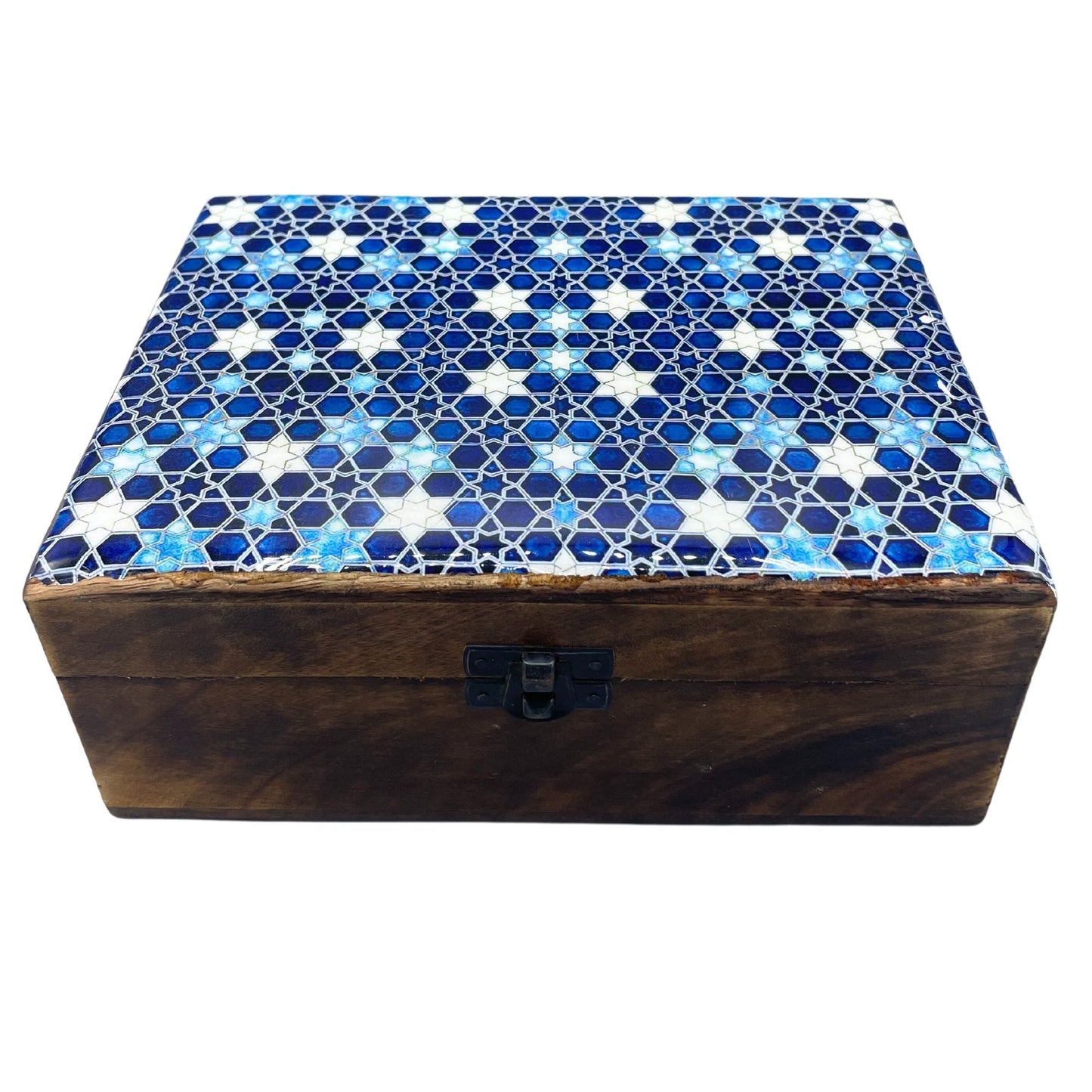 Large Ceramic Glazed Wood Box - 20x15x7.5cm - Blue Stars - Luna Panther