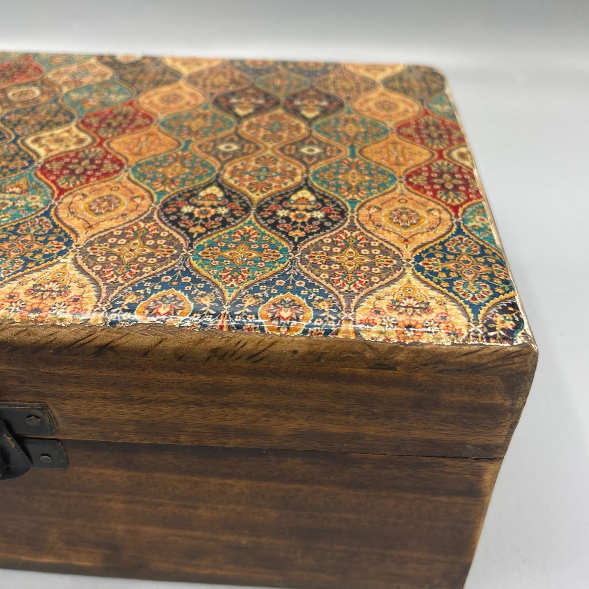 Large Ceramic Glazed Wood Box - 20x15x7.5cm - Traditional Pattern - Luna Panther