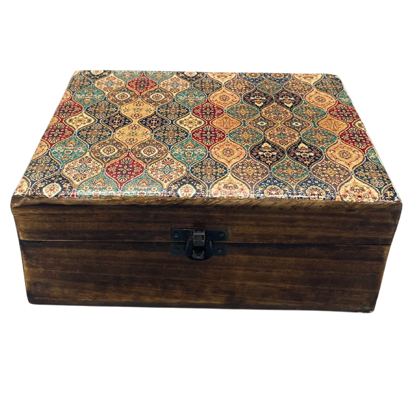 Large Ceramic Glazed Wood Box - 20x15x7.5cm - Traditional Pattern - Luna Panther