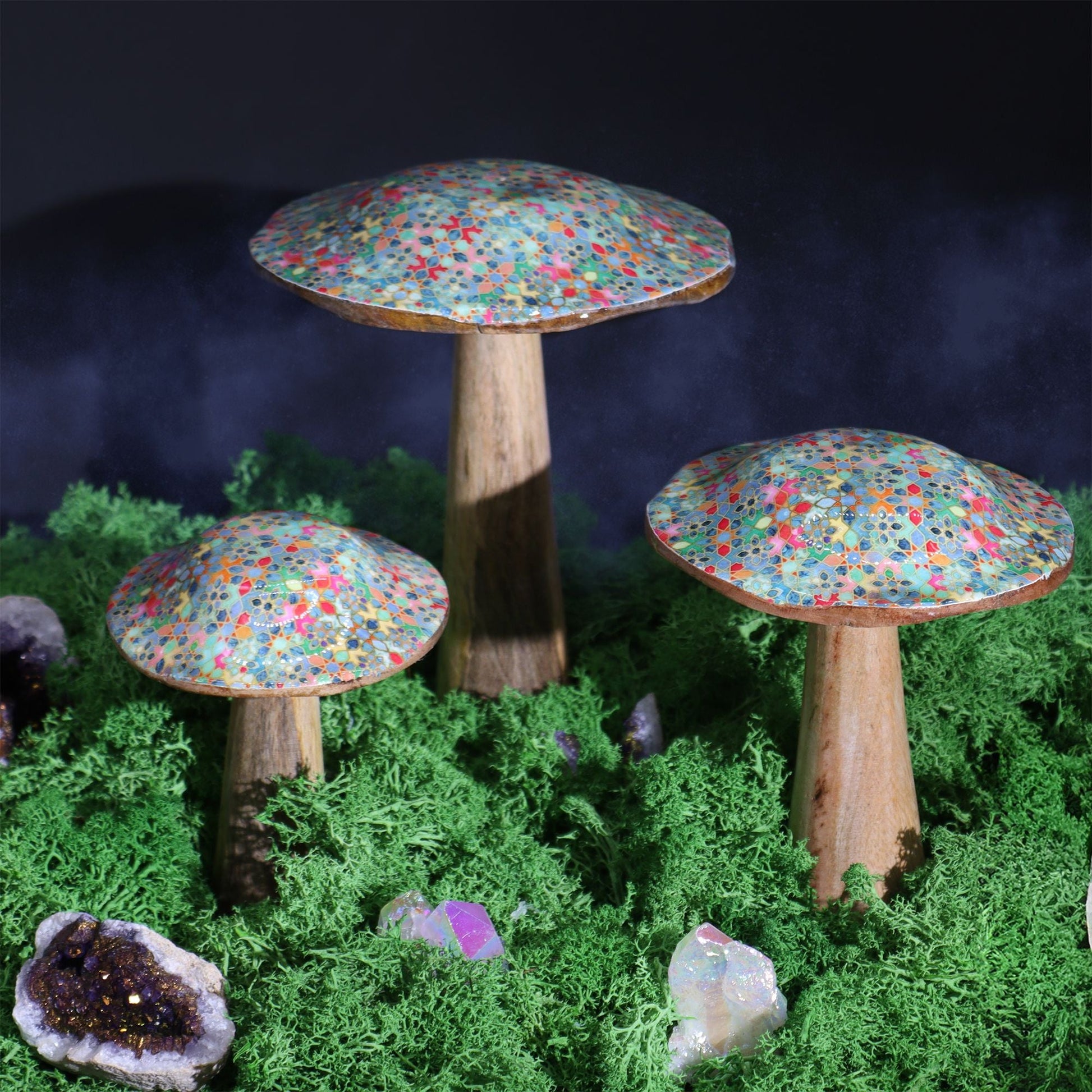 Large Enamelled Mushroom - 20cm - Mediterranean Tile Pattern - Luna Panther