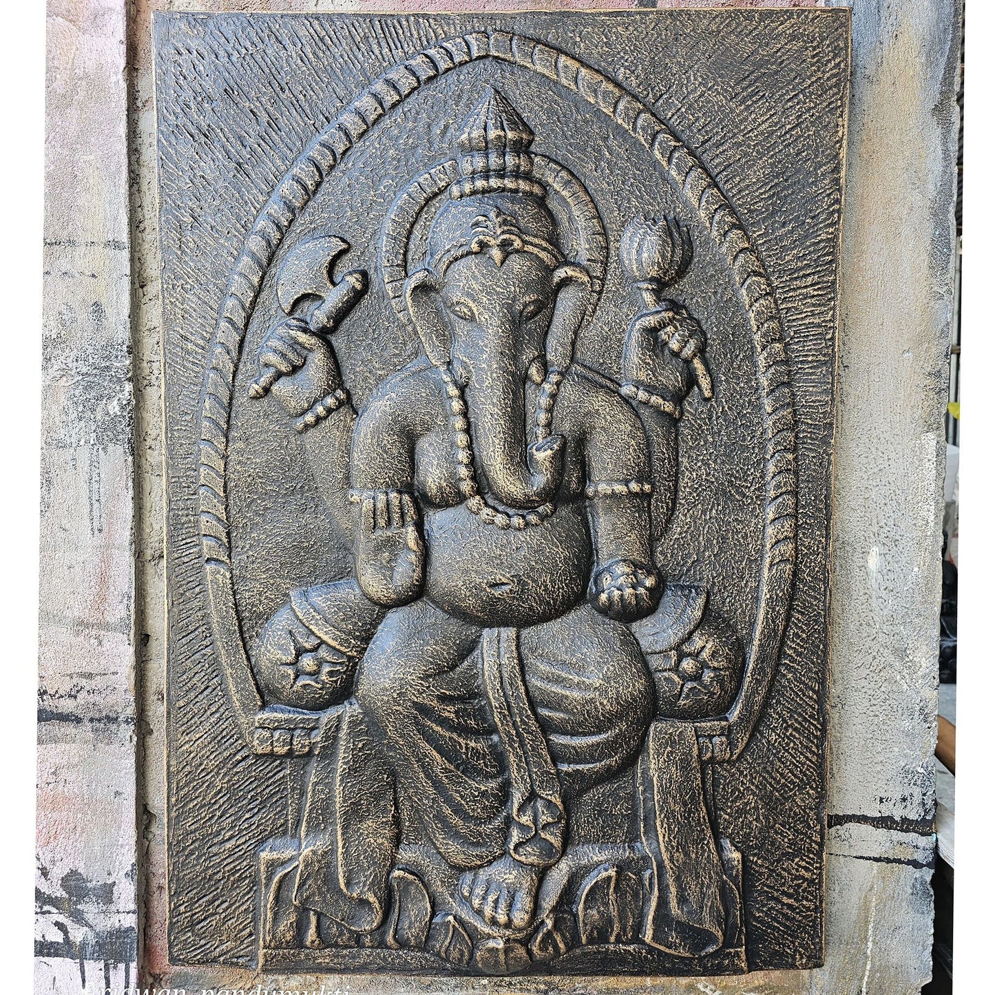 Polished Large Ganpati Iron Frame Antique Gold Relief- 0.7x1m featuring natural patterning and unique variations - Luna Panther