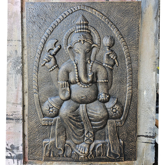 Polished Large Ganpati Iron Frame Antique Gold Relief- 0.7x1m featuring natural patterning and unique variations - Luna Panther