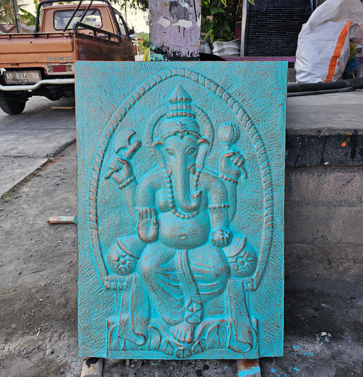 Polished Large Ganpati Iron Frame Turquoise Relief - 0.7x1m featuring natural patterning and unique variations - Luna Panther