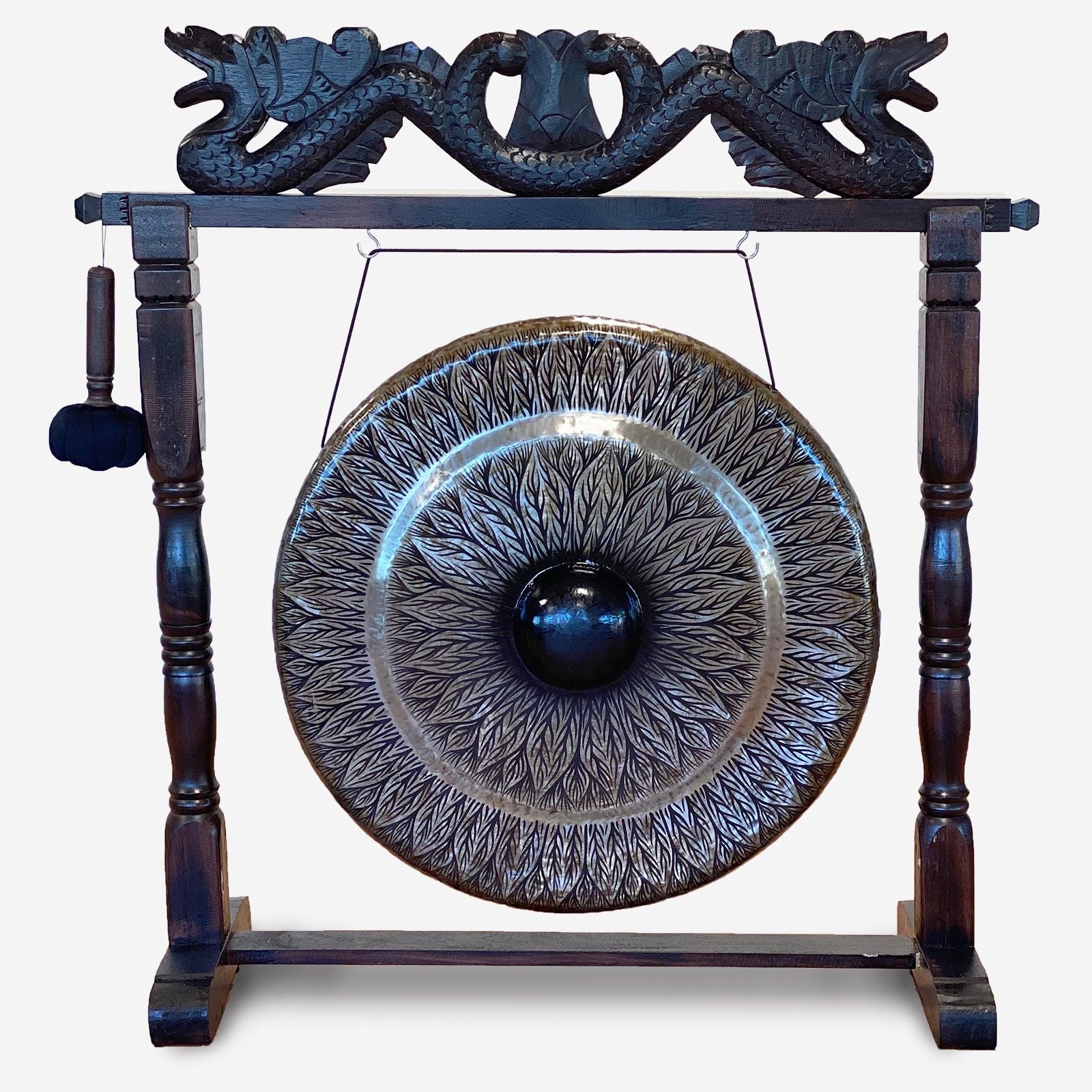 Polished Large Gong in Brown Antique Stand - 80cm - Black - pattern featuring natural patterning and unique variations - Luna Panther