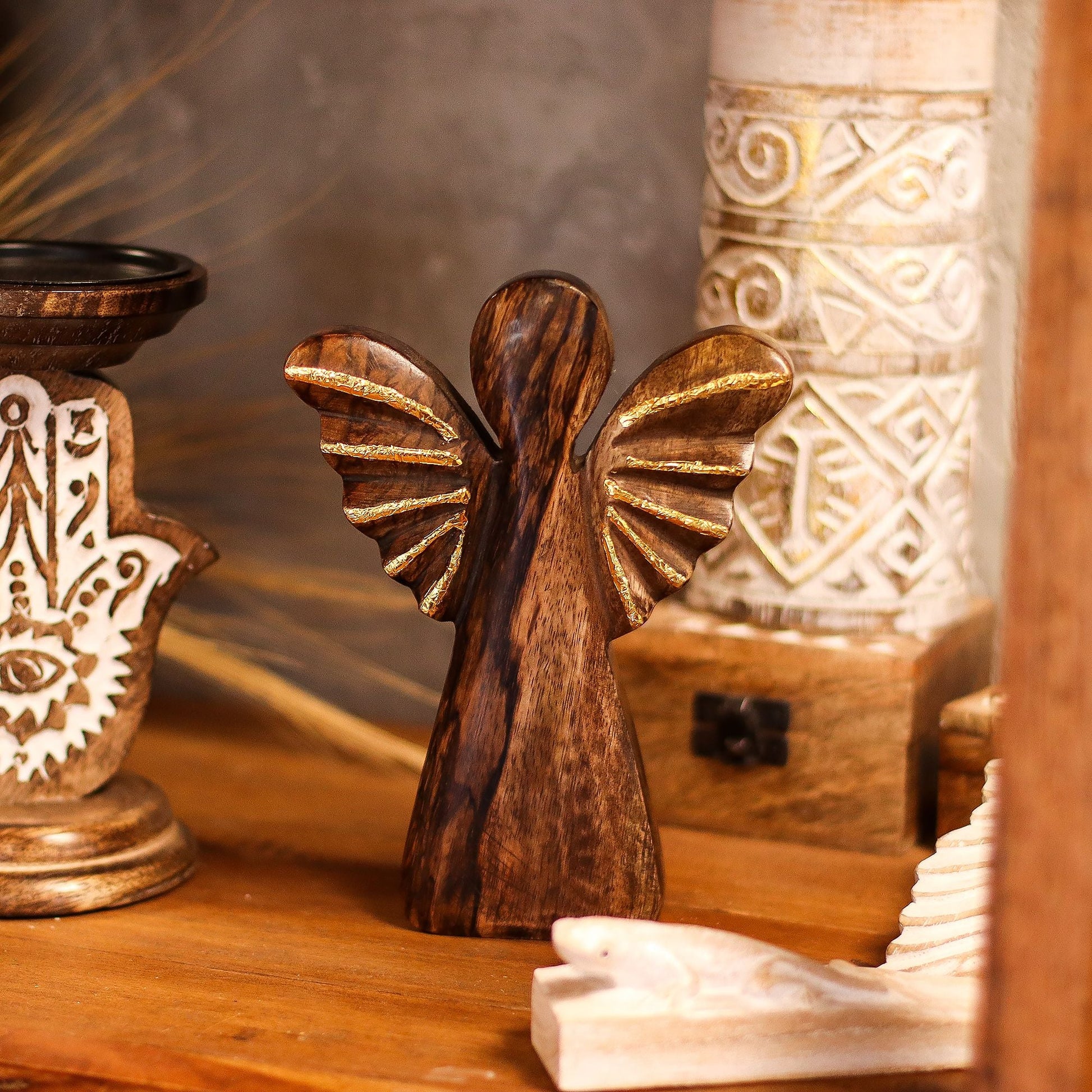 Large Mango Wood Angel – Gold Decor — sculptures & statues, image 6 of 8.
