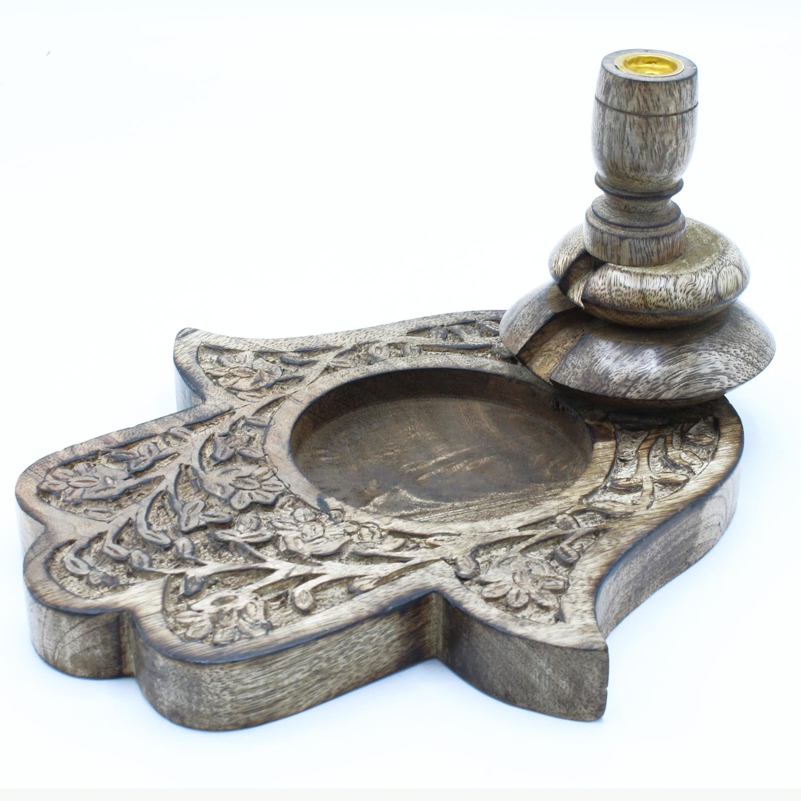 Polished Large Mango Wood Backflow Burner - Hamsa featuring natural patterning and unique variations - Luna Panther