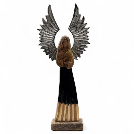 Large Mango Wood Guardian Angel – Metal Wings & Enamel Detail - Luna Panther alternate view