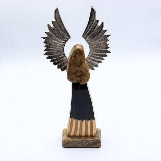 Large Mango Wood Guardian Angel – Metal Wings & Enamel Detail - Luna Panther