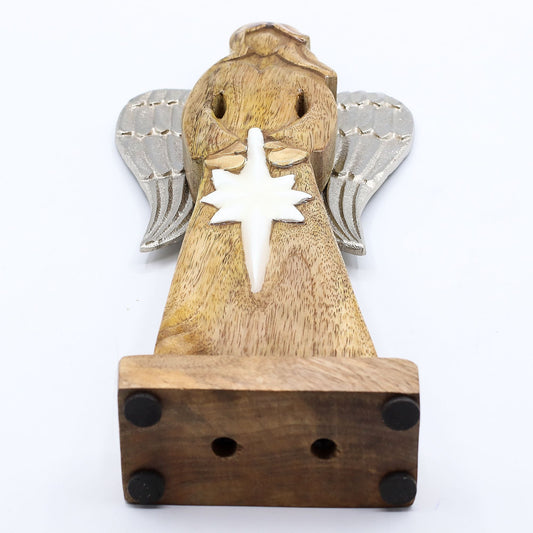 Large Mango Wood Peace Angel – Metal Wings & Enamel Detail - Luna Panther