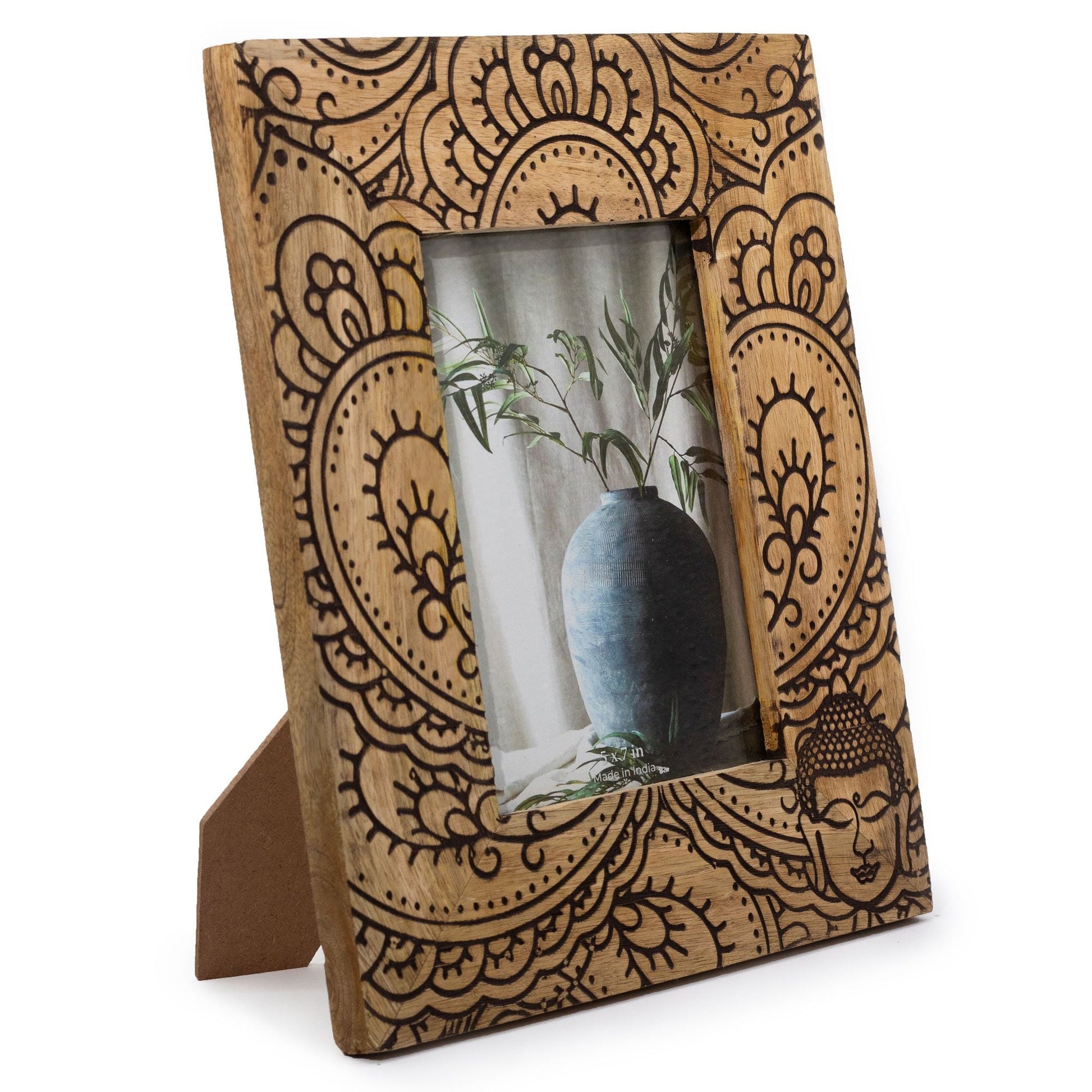 Black mango wood buddha picture frame for 13 x 18cm photo, approx. 28 x 23 x 2cm