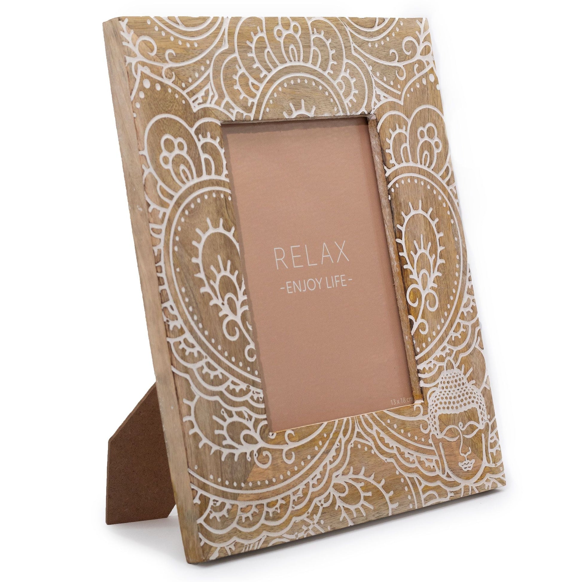 White mango wood buddha picture frame for 13 x 18cm photo, approx. 28 x 23 x 2cm