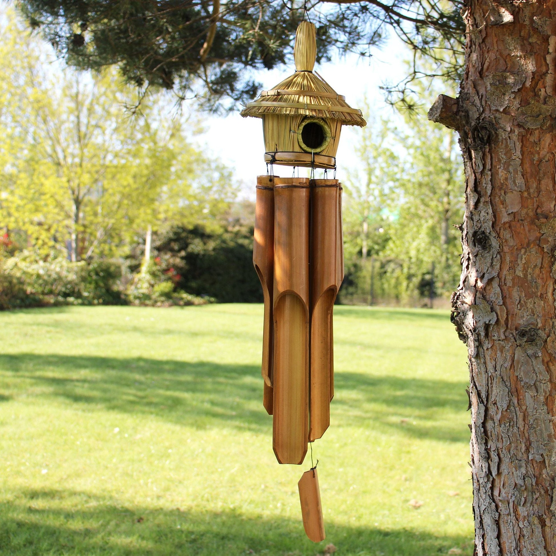 Large Round Seagrass Bird Box with Chimes 56x20cm - Luna Panther