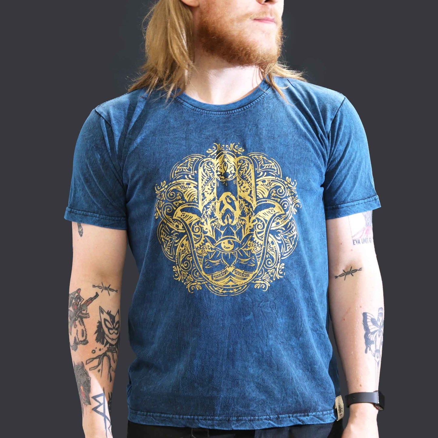 Polished Large Stone Washed T-Shirt - Hamsa - Blue featuring natural patterning and unique variations - Luna Panther