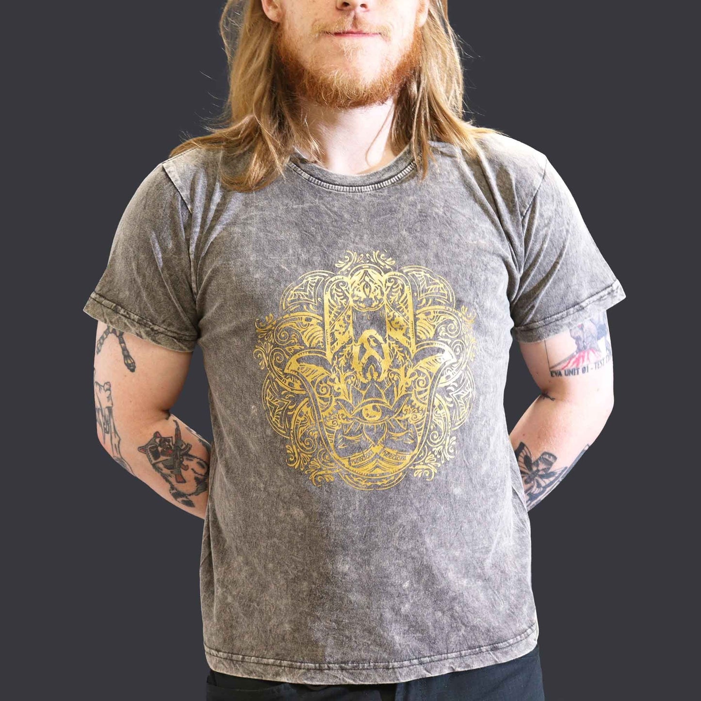 Polished Large Stone Washed T-Shirt - Hamsa - Dark Grey featuring natural patterning and unique variations - Luna Panther