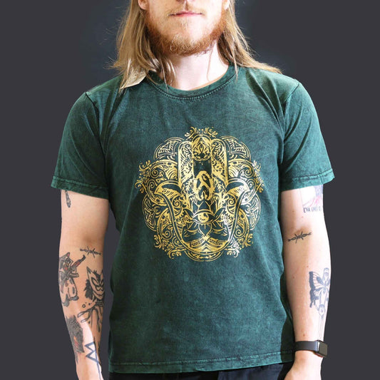 Polished Large Stone Washed T-Shirt - Hamsa - Green featuring natural patterning and unique variations - Luna Panther