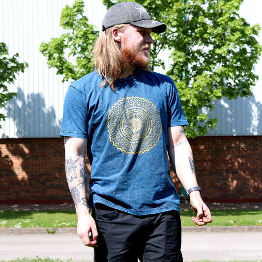 Polished Large Stone Washed T-Shirt - Mandala - Blue featuring natural patterning and unique variations - Luna Panther