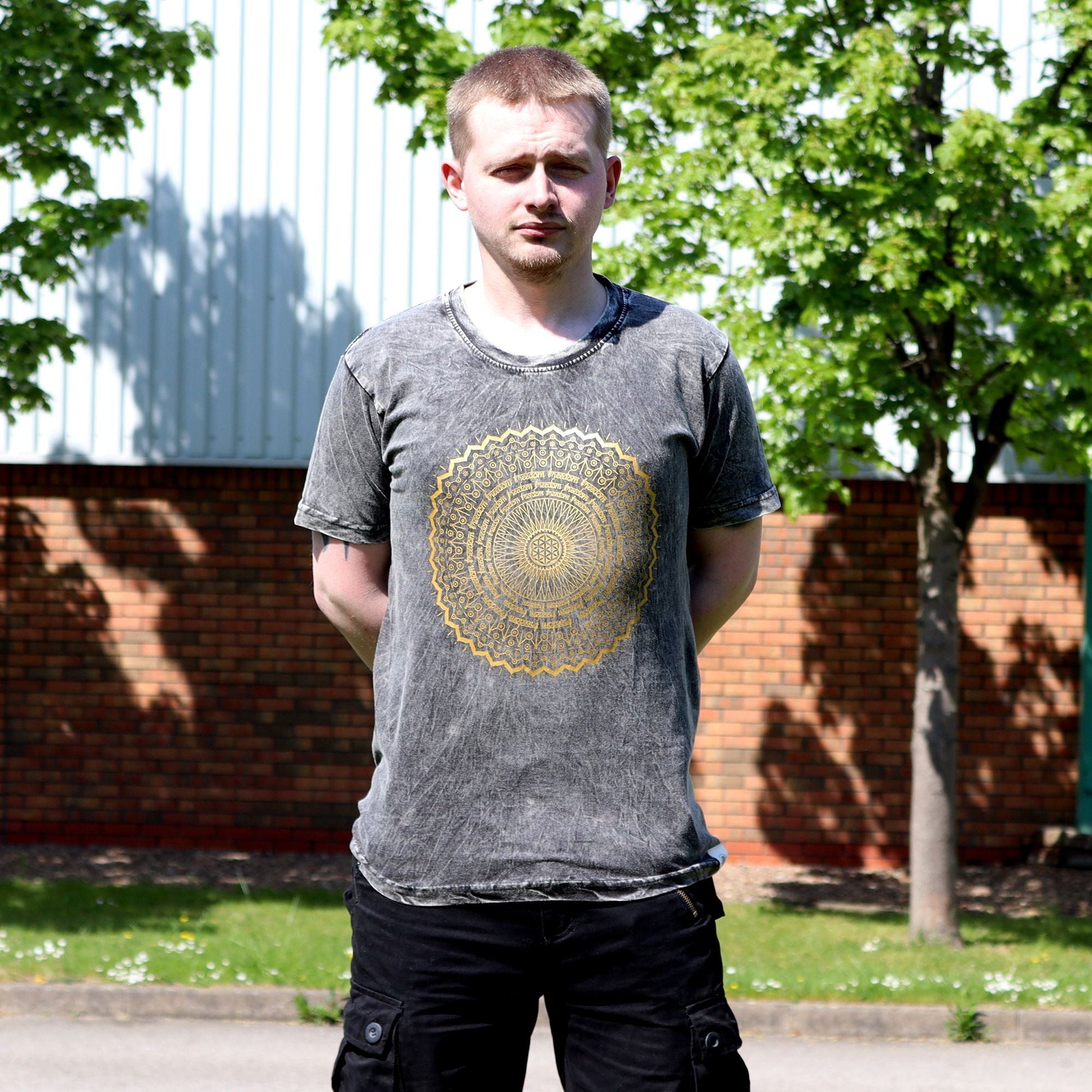 Polished Large Stone Washed T-Shirt - Mandala - Dark Grey featuring natural patterning and unique variations - Luna Panther