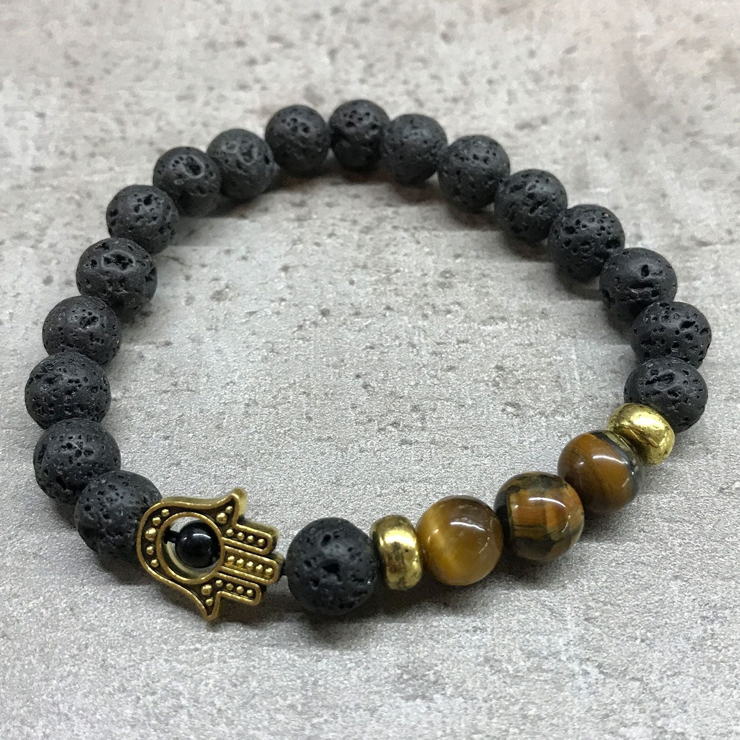 Lava Stone Bracelet - Hamsa Tiger - eye - Luna Panther