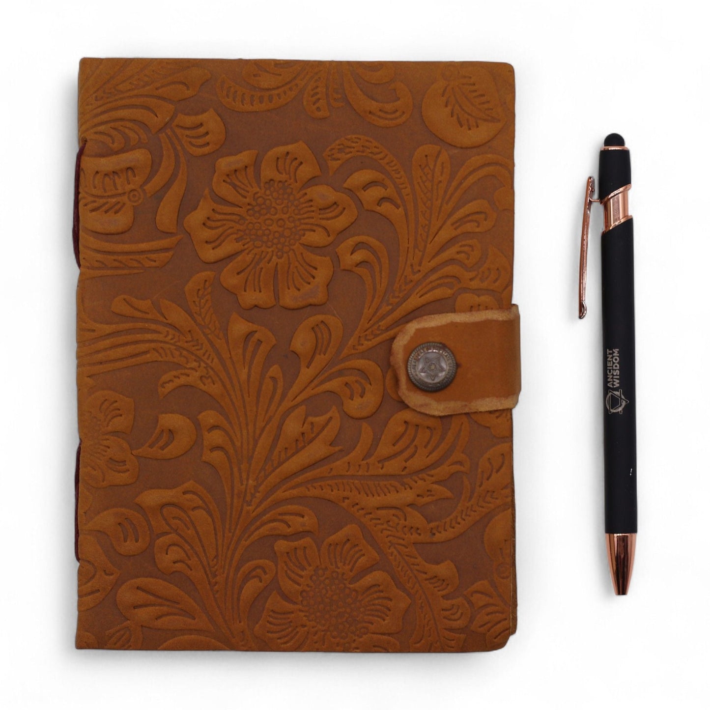 Leather Embossed Notebook - Tan Floral Pattern - 17.8×12.7 cm - Luna Panther