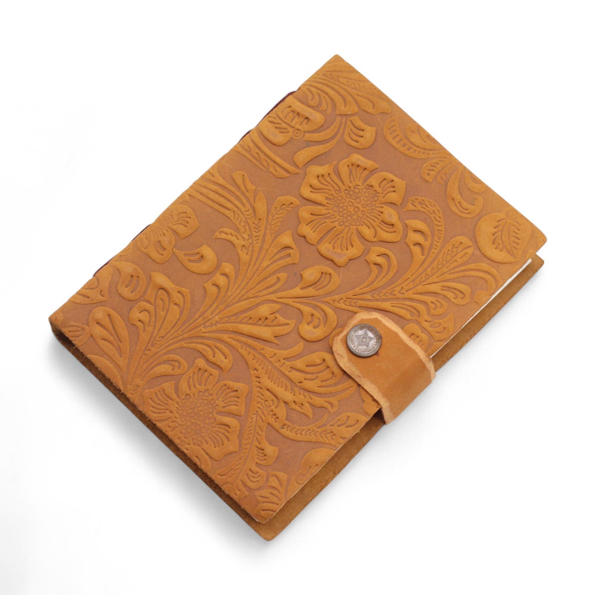 Leather Embossed Notebook - Tan Floral Pattern - 17.8×12.7 cm - Luna Panther