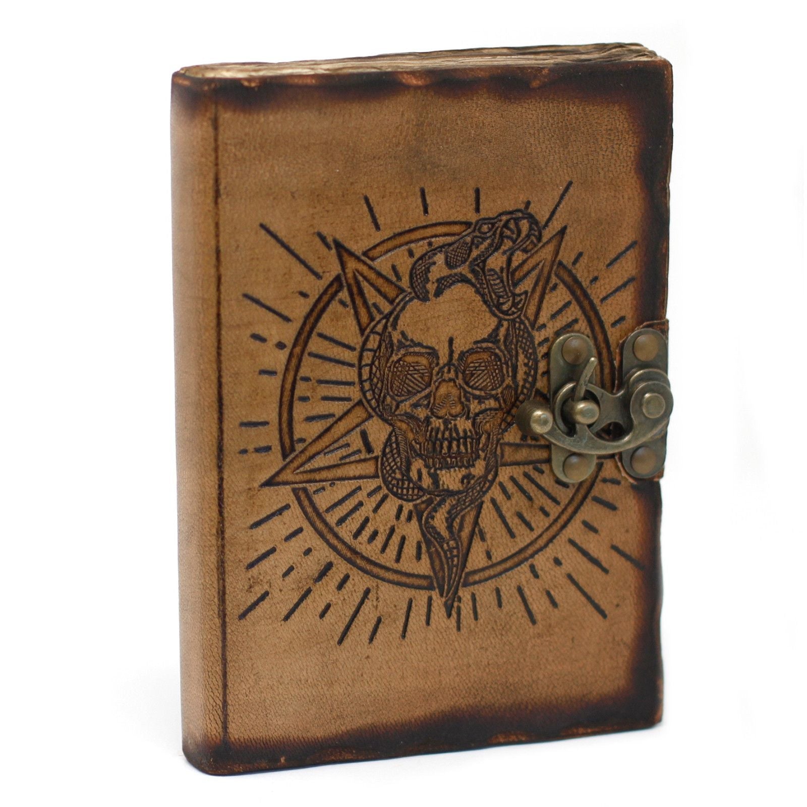 Leather Pentagon & Skull with Burns Detail Notebook (7x5") - Luna Panther