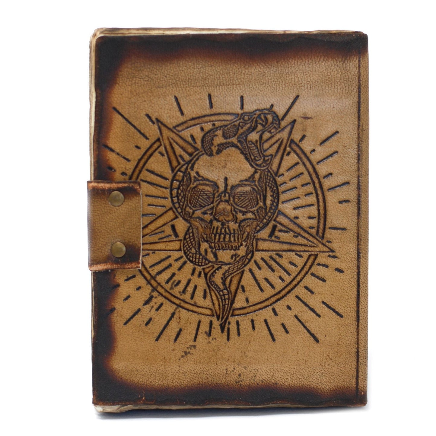 Leather Pentagon & Skull with Burns Detail Notebook (7x5") - Luna Panther